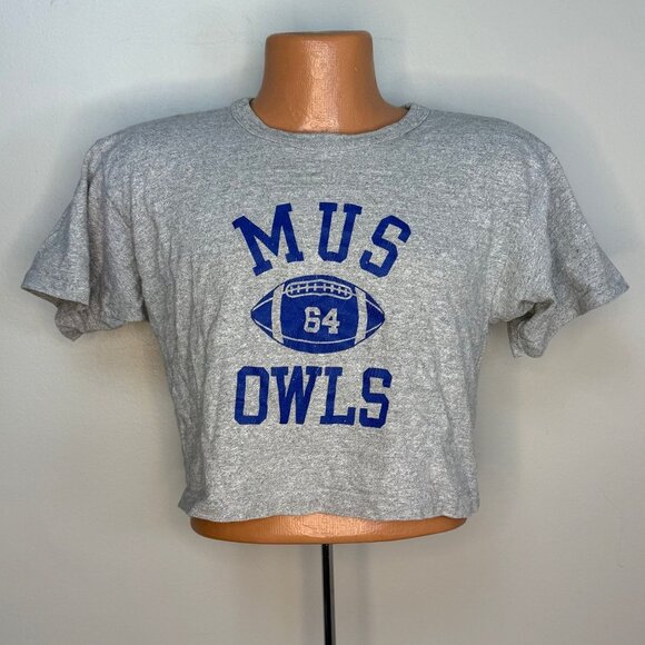 Vintage 1980s MUS Owls Football Cropped T-Shirt, Champion Size Medium, Memphis - Picture 1 of 6